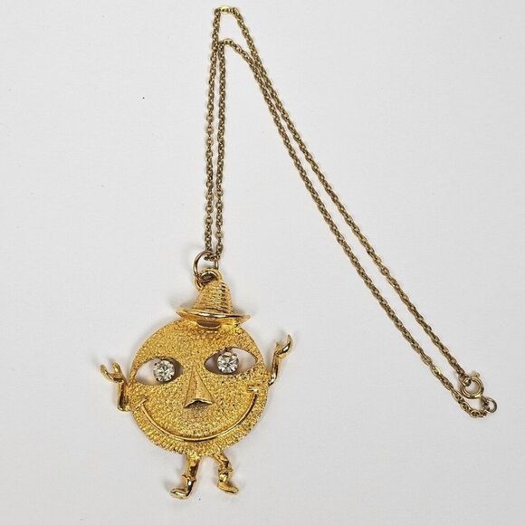 Vintage Smiley Face Rhinestone Pendant Necklace Dangle Eyes Cowboy Hat Gold Tone - Picture 4 of 13